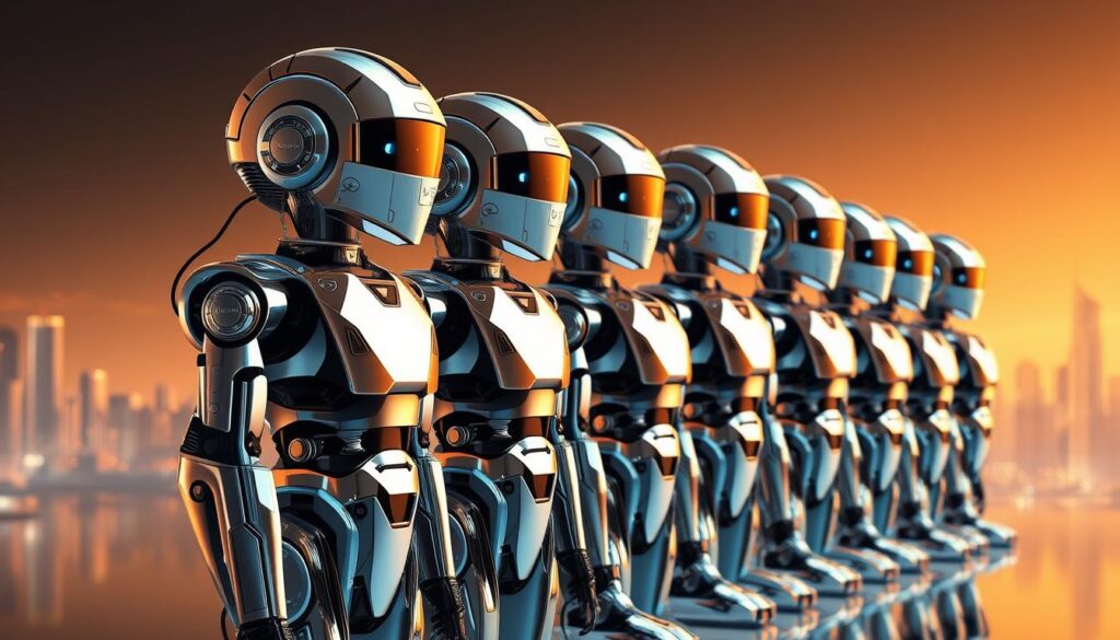 A sleek lineup of advanced investment robots, meticulously engineered to navigate the dynamic financial landscape. Arrayed in a visually striking 3D perspective, these cutting-edge machines stand tall, their polished chrome and precision-engineered components gleaming under warm, directional lighting. The background subtly fades into a futuristic cityscape, hinting at the sophisticated algorithms and data processing capabilities that power these top-performing investment bots. An air of sophistication and technological prowess permeates the scene, reflecting the pinnacle of investment automation in Brazil for the year 2025.