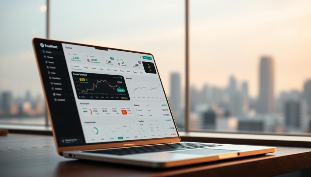A modern, sleek digital investment platform with a clean, minimalist design. The foreground shows a laptop or tablet screen displaying various investment options, charts, and financial data. The middle ground features a minimalist user interface with intuitive navigation menus and interactive tools. The background showcases a cityscape or skyline, hinting at the global reach and scale of the platform. The lighting is soft and warm, creating a professional and trustworthy atmosphere. The overall scene conveys a sense of financial empowerment, technology-driven innovation, and secure online investing.